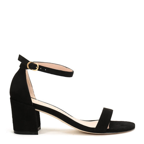 Stuart Weitzman/斯图尔特韦茨曼 女士黑色麂皮绒一字带粗跟鞋高跟鞋凉鞋女鞋 SIMPLE-SUE-BLACK
