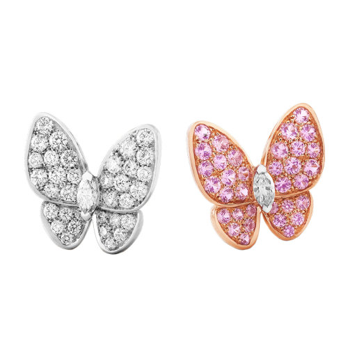 Van Cleef & Arpels/梵克雅宝 经典Deux Papillons系列 18k金白金镶嵌钻石18k金玫瑰金镶嵌粉色蓝宝石蝴蝶耳钉VCARO3M600