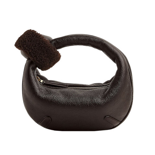Bottega Veneta/葆蝶家 22新款 女士迷你深棕色剪羊毛配羔羊皮黄铜饰面拉链开合手提包717511V2GR12206