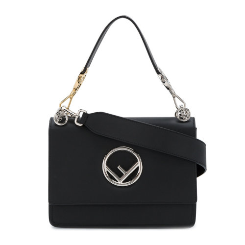 FENDI/芬迪 女士黑色皮革经典F徽标翻盖磁扣开合手提包单肩包斜挎包女包 8BT284-2IH-F0GXN