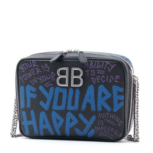 Balenciaga/巴黎世家  女包 图案印花 女士黑色牛皮时尚链条盒子包单肩斜挎包 5266780OTBN1071