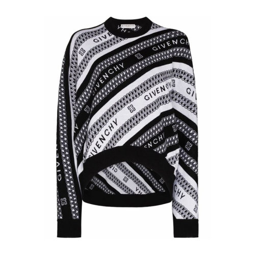 Givenchy/纪梵希 女士黑白拼色羊毛经典字母徽标嵌花装饰圆领长袖上衣毛衣针织衫套头衫 BW90CE4Z7J-004