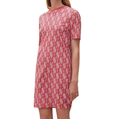 HERMES/爱马仕 22年春夏新款 女士木质粉红色纯棉绉纱面料Click印花短袖连衣裙H2E4501DG8E34