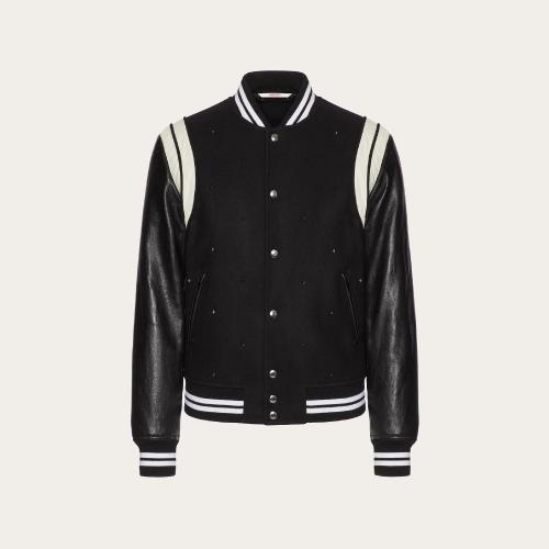  VALENTINO华伦天奴 22年秋冬 男士 夹克 BOMBER EN DRAP DE LAINE ET CUIR ROCKSTUD SPIKE FAC