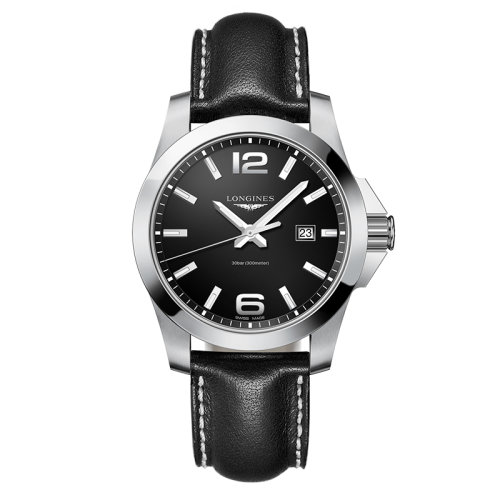 LONGINES/浪琴  康卡斯系列 石英表黑盘精钢表壳皮质表带男表43毫米L3.760.4.56.3