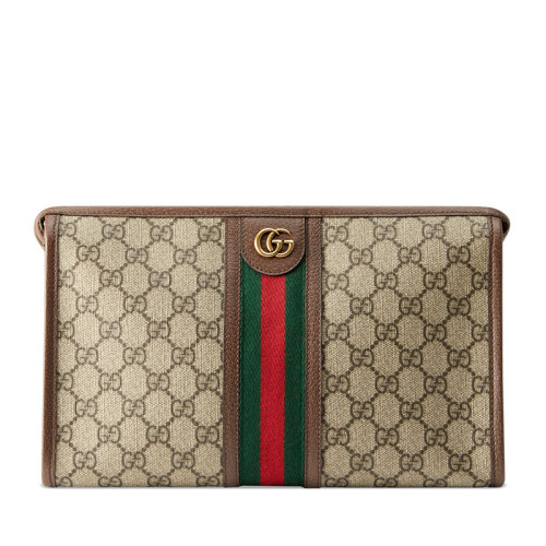 GUCCI/古驰 Ophidia 男女通用米色帆布条纹织带双G手拿包洗漱包 ?59823496IWT8745