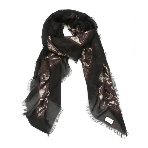 GUCCI/古驰 女士黑色莫代尔真丝混纺大蔓藤花纹末端流苏披肩围巾围脖丝巾方巾 415538-3G856-1079