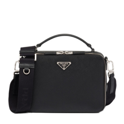 PRADA/普拉达 22年新款Brique系列 男士黑色Saffiano皮革银扣三角徽标配织物肩带单肩斜跨包手提包2VH069_9Z2_F0002_V_YMI