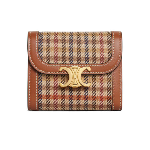 CELINE/赛琳 22新款 TRIOMPHE系列 女士彩色小号格子花呢配小牛皮饰边金属搭扣按扣翻盖开合钱包10D782EN9.14ML