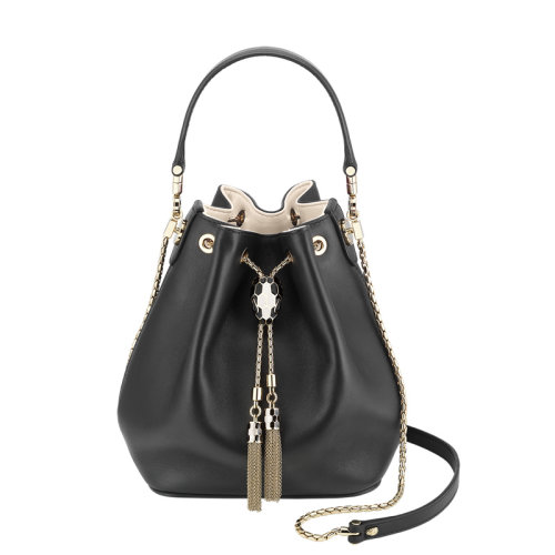 BVLGARI/宝格丽 经典款 Serpenti Forever蛇首扣黑色光滑小牛皮水桶包单肩包 288625