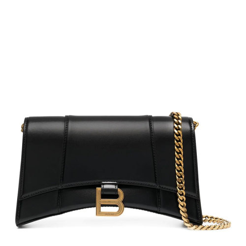 Balenciaga/巴黎世家 女士黑色皮质,小牛皮翻盖金色徽标链式肩带链条包斜挎包单肩包女包  644973-1QJ4M-1000
