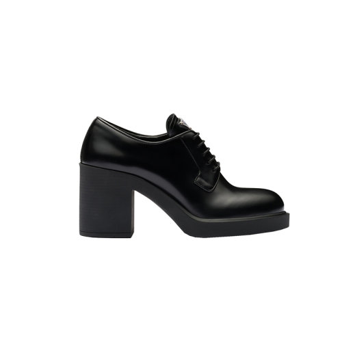 PRADA/普拉达 22年新款 女士黑色皮革饰有金属三角标志圆形打蜡鞋带橡胶鞋底高跟乐福鞋1E976M_055_F0002_F_085