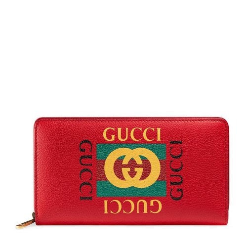 GUCCI 古驰  女士红色小牛皮LOGO标识时尚长款拉链钱包