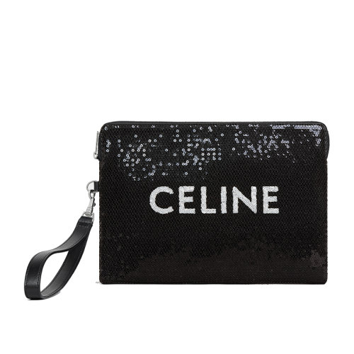 CELINE/赛琳 22新款 女士黑色亮片配皮饰白色徽标字母印花配可拆卸手环提手拉链开合手拿包10J983EN2.38SI