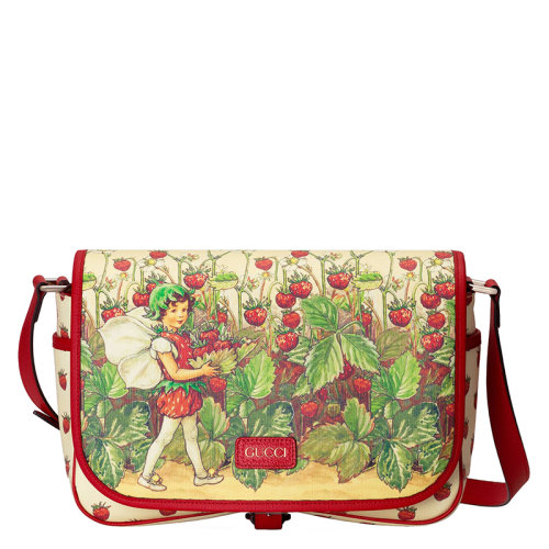 GUCCI/古驰 22新款Gucci Love Parade系列 女士象牙色帆布采草莓的树仙子印花饰红色细节滚边搭扣翻盖开合斜挎单肩包664143U6IAN8257