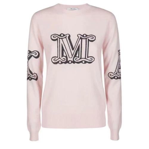 MaxMara/麦丝玛拉 女士纯色羊绒经典字母徽标提花装饰圆领针织长袖上衣毛衣套头衫 KUBAN 009【主推】