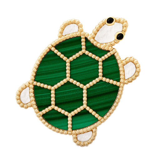 Van Cleef & Arpels/梵克雅宝 经典Lucky Animals系列 18k金黄金围绕孔雀石白珍珠母贝黑玛瑙乌龟胸针VCARP5LK00