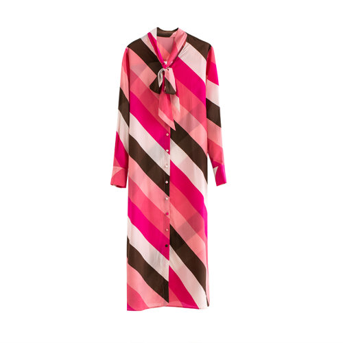 GeleiStory/GeleiStory 新款彩条系带衬衣裙简单大方彩色条纹连衣裙 女装＞女士裙装＞女士连衣裙