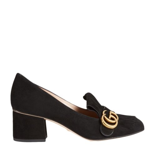 GUCCI/古驰 女士经典纯色麂皮双G和流苏装饰高跟鞋浅口鞋女鞋