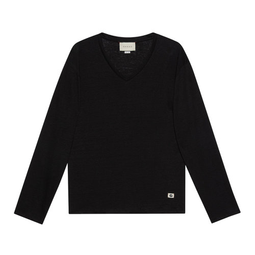 GUCCI/古驰 22年春夏新款 Epilogue系列 男士黑色亚麻面料双G图案V领长袖T恤645270XJC6N1043