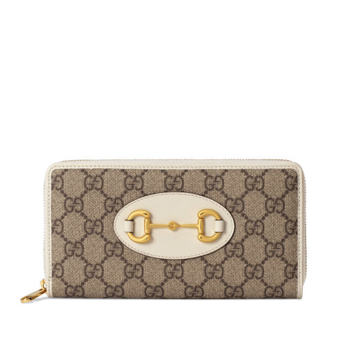 GUCCI/古驰 2020早秋新款1955系列 白色皮革拼接老花帆布经典马蹄扣长款拉链钱包 621889 92TCG 9761