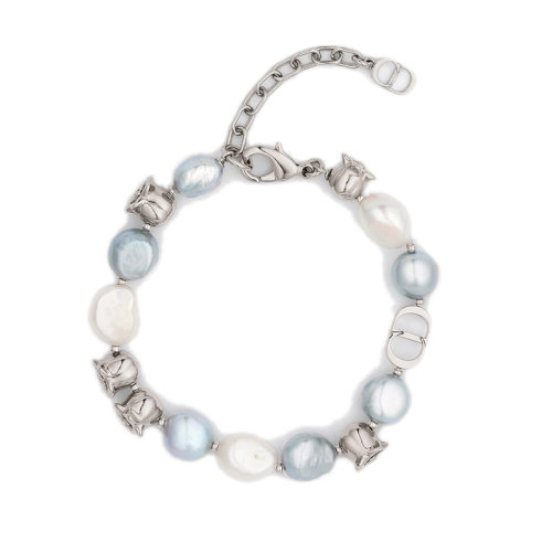 DIOR/迪奥 22新款 男士银色镀银黄铜配灰色/白色淡水珍珠铃兰形状珠子手链B1661HOMGM_D009