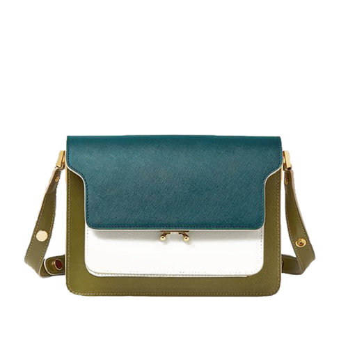 MARNI/玛尼 20 TRUNK系列 墨绿鹿皮拼接白色小牛皮经典风琴包 斜挎 单肩包 SBMPN09U49LV520Z273I