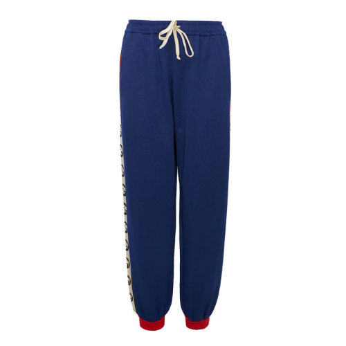 GUCCI/古驰 侧面双G标识 女士蓝色棉质抽绳束脚休闲运动裤 574016 XJA8F 4685