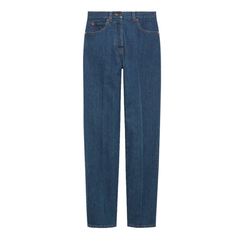 GUCCI/古驰 22秋冬新款 女士深蓝色纯棉口袋饰马衔扣直筒高腰牛仔裤666799XDBQT4759