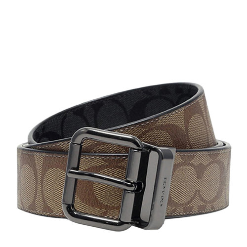 COACH/蔻驰 男士棕色涂层帆布配皮经典双C字母徽标印花装饰针扣型皮带腰带 F5951QBRMO