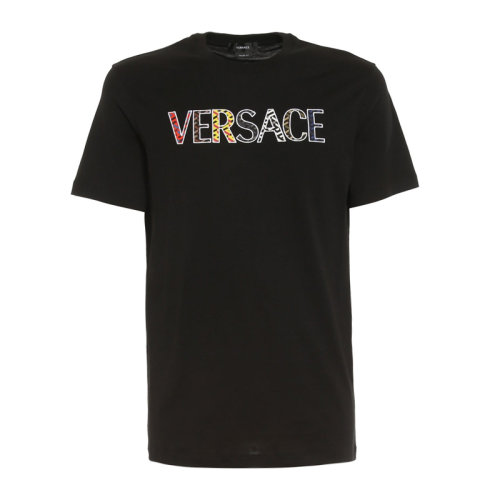 VERSACE/范思哲 男士黑色棉质经典字母徽标刺绣装饰圆领短袖上衣T恤 1002463-1A01811-1B000