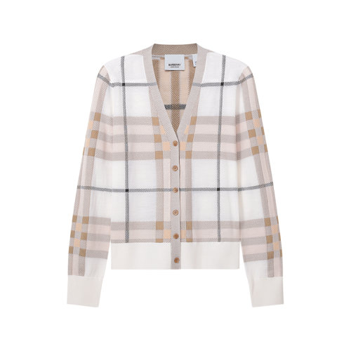 BURBERRY/博柏利【22秋冬新款】女款绵羊毛薄款V领针织衫羊毛衫开衫格纹图案 80558401