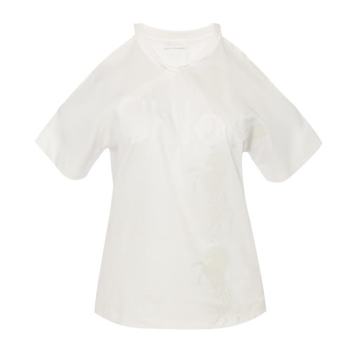 Chloe/克洛伊  女士白色棉质露肩印花短袖T恤