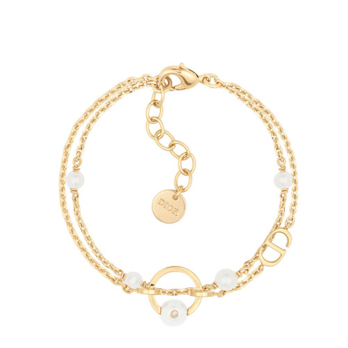 DIOR/迪奥 22新款PETIT CD系列 女士金色饰面金属“CD”标志白色树脂珠饰双链条手链B1635PTCCY_D03S