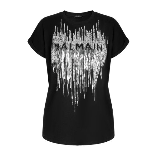 Balmain/巴尔曼 黑色 女士水钻流苏装饰短袖T恤 春夏