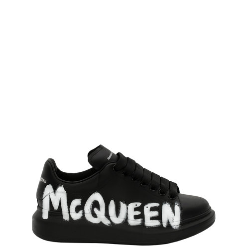 Alexander McQueen/亚历山大麦昆 22年早春新款 女士黑色/白色光滑小牛皮革涂鸦Logo印花运动鞋698614WIBNM1070