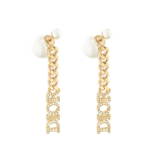 DIOR/迪奥 TRIBALES系列 金色饰面金属DIOR镶嵌晶体白色树脂珠耳环E1723TRICY_D301