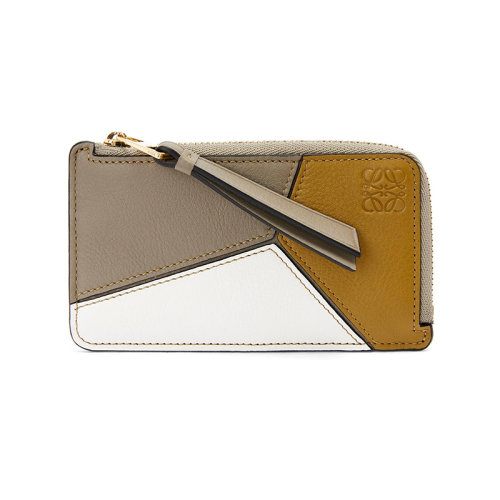 LOEWE/罗意威 22年新款Puzzle系列 女士月桂绿/赭石色/白色三色拼接牛皮革拉链开合双折硬币包卡片包C510R50X04-1855