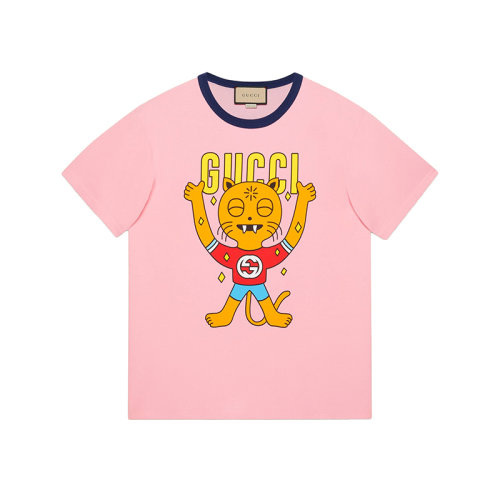 GUCCI/古驰 22年秋冬新款 爱的进行曲系列 男士粉色纯棉小猫印花短袖T恤703439XJEI35904