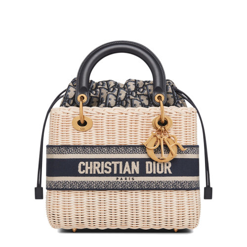 DIOR/迪奥 22春夏新款LADY系列 女士中号柳条内部蓝色老花帆布单肩手提抽绳戴妃包M0565CMVO_M808