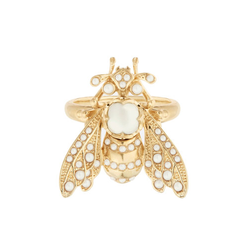 DIOR/迪奥 22新款D-BEE系列 女士金色饰面金属蜜蜂造型饰白色树脂珠戒指R1279WOMRS_D301