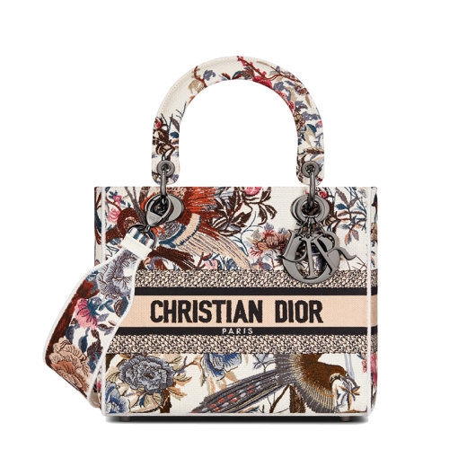 DIOR/迪奥 22新款LADY D-LITE系列 女士中号米白色面料多色Jardin d'Hiver图案刺绣单肩斜挎手提戴妃包M0565BRWD_M941