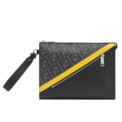 FENDI/芬迪   男士灰色老花压花织物黑色黄色皮革拼色拉链手拿包7VA491A9XSF0R2A