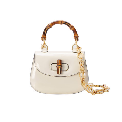 GUCCI/古驰 23春夏新款 Bamboo 1947系列 女士迷你白色漆皮金色饰面竹节手柄带水晶细节拆卸链式肩带单肩手提包724641AABCE9057