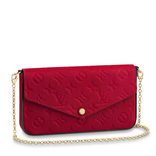 Louis Vuitton/路易威登 22春夏新款FéLICIE系列 女士猩红色老花压纹软粒面牛皮革金扣金链配可拆卸贴袋翻盖开合斜跨手拿链条信封包M63700