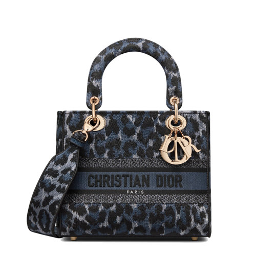 DIOR/迪奥 22春夏新款LADY D-LITE系列 女士中号蓝色黑色Mizza图案豹纹刺绣织物手提单肩斜挎戴妃包M0565ORHM_M962
