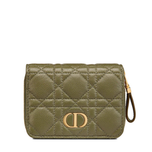 DIOR/迪奥 CARO系列 女士雪松绿色柔软藤格纹小牛皮拉链紧凑型钱包S5032UWHC_M67H