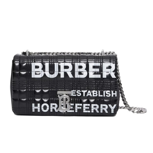 BURBERRY/博柏利 LOLA系列 女士黑色银扣小号Horseferry印花绗缝萝纳包斜跨单肩包80216191