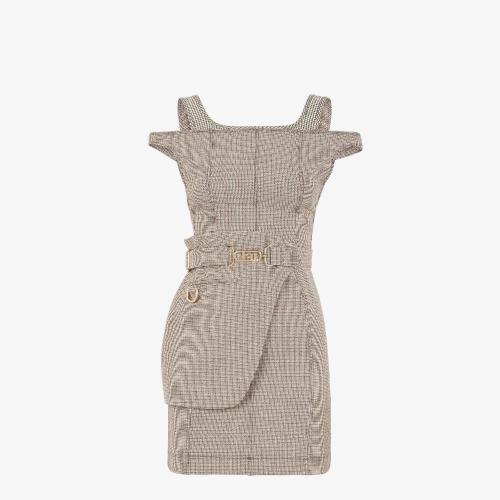  FENDI芬迪 22年秋冬 女士 连衣裙 米色千鸟格纹羊毛连衣裙 FDB871AKSMF1IHB