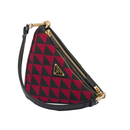 PRADA/普拉达 22新款 mini女士黑樱桃三角双色拼接效果织物配皮三角几何单肩手拿包1BC176_2FPN_F0V1I_V_OOO